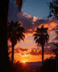 Obraz premium Sunset over silhouetted palm trees with orange clouds lighting the sky. Concept Sunset silhouettes with palm trees, Orange clouds lighting the sky, Tropical dusk landscape