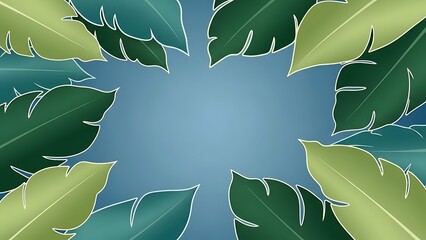 Vibrant green tropical leaves frame a blue background, creating a refreshing and natural design layout.