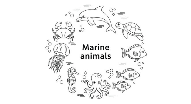 Marine animals coloring page with various sea creatures like a dolphin turtle and octopus arranged in a circular frame.