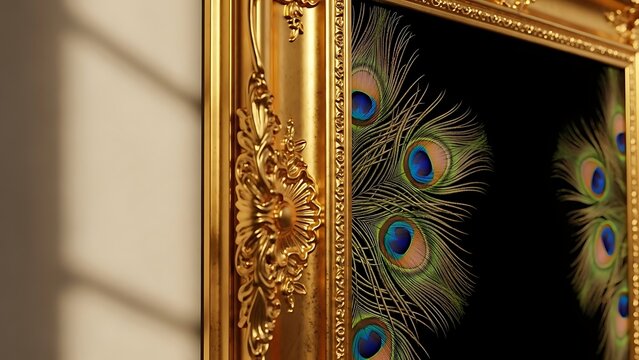 Luxurious gold frame with vibrant peacock feathers on black background