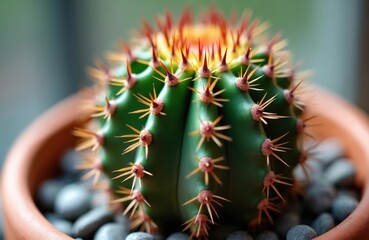 Green cactus with sharp spines grows in terracotta pot filled with gray pebbles. Close up detail of a spiky succulent plant with blurred background. Healthy flora for home.