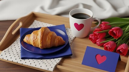 Breakfast tray with coffee, croissant, and flowers on table  