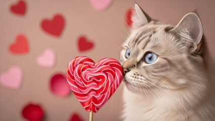 Cat holding heart-shaped candy on pink background with hearts  