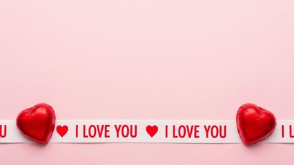 Red hearts and ribbon with 'I love you' text on pink background  
