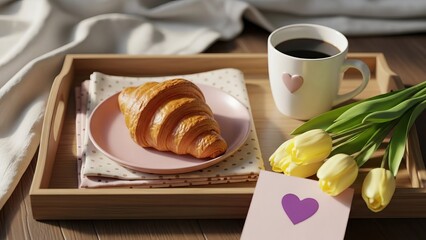 Breakfast tray with croissant, coffee, and tulips on wooden table  