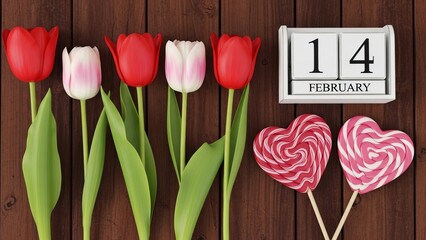 Tulips and heart-shaped candies for Valentine's Day celebration  