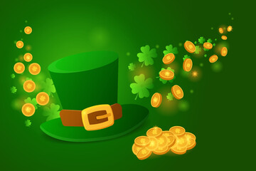 Horizontal greeting card with green background featuring a classic Irish hat Flying four leaf clovers coins. Clean festive composition Copy space for custom text, messages, branding. Wealh concept 