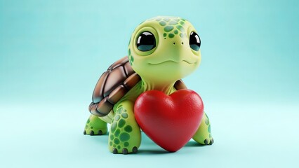 Cute cartoon turtle holding a red heart on blue background  