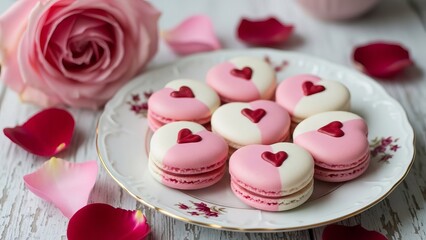 Heart-shaped pink and white macarons on decorative plate with rose  