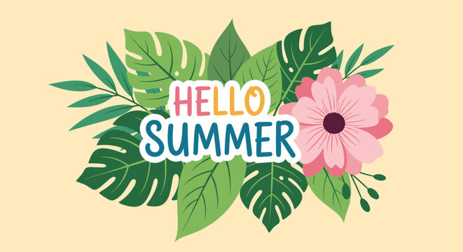 Hello summer typographic design with tropical monstera leaves and a large pink hibiscus flower on a pastel yellow background. - Powered by Adobe