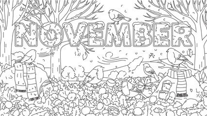 Obraz premium A black and white illustration of the month November with people in a forest