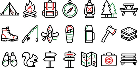 Fototapeta premium Camping Outdoor Line Icons Vector Set – Hiking Travel Tent Backpack Fire Mountain Forest Compass Map Adventure Nature Trail Outline Icon Pack UI Web App