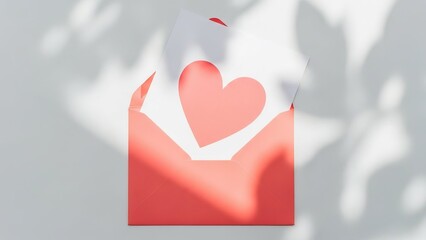 Red envelope with heart paper cutout on light background  