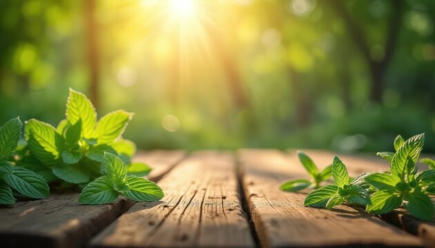 Fresh mint leaves on rustic wooden table bathed in warm sunlight, ideal for displaying products ingredients. Copy space in background provides ample room for text, design elements, conveying natural