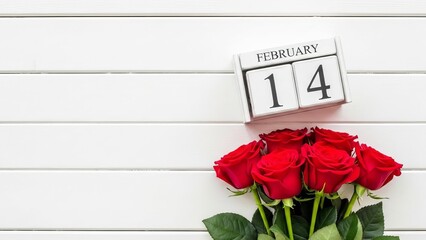 Calendar showing February 14 with bouquet of red roses  