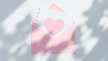 Pink envelope with heart-shaped card on light background  