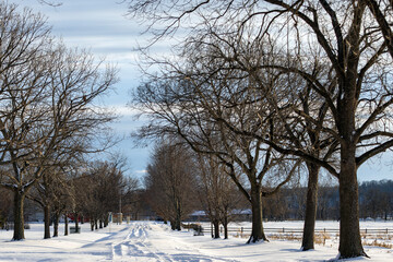 sunset on the river in winter with snow on the Mississippi river in Nauvoo, IL