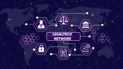 Legaltech network concept with icons and world map. 3d animation rendering 4k video map background ... - Powered by Adobe