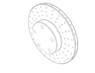 Technical CAD Blueprint Schematic Wireframe Vector of a Disc Brake Rotor Component, perfect Simple Black Line Art Outline Icon for Auto Repair, Mechanic Workshop, and Vehicle Maintenance Diagrams.