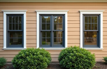 Three dark framed windows with multiple panes sit on a tan clapboard wall accented by white trim. Rich green bushes grow in front of the lower window sections. Exterior of a residential house facade.