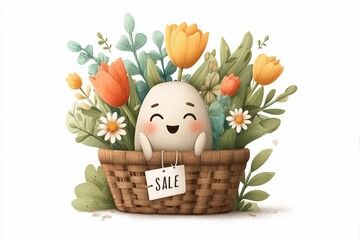 Happy character in a basket with flowers promotes a sale in a cheerful display of colors and shapes