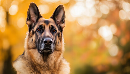 Close-up of a German sheepdog against a scenic natural background, animal conservation focus