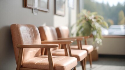 Fototapeta premium Row of four wooden armchairs in a waiting room. the chairs are upholstered in a light brown leather and have a modern design with a curved backrest and armrests.
