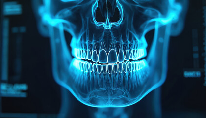 Digital skeletal human head x-ray shows detailed teeth structure and jaw bone. Medical imaging technology provides clear view for dental examination and diagnosis of oral health issues.