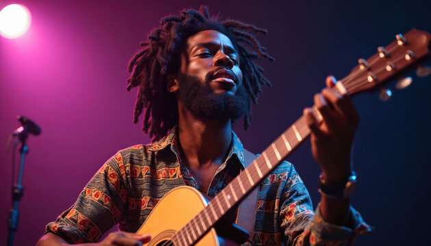 Black man with dreadlocks plays acoustic guitar on stage. Lights shine on performer singing into microphone. Musician strums strings, engrossed in his song. - Powered by Adobe