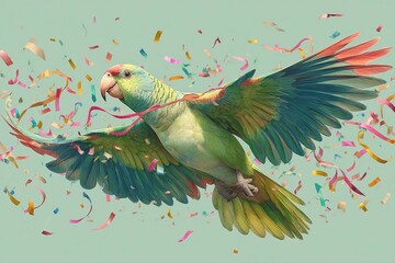Colorful parrot flies among confetti in a festive setting during a celebration