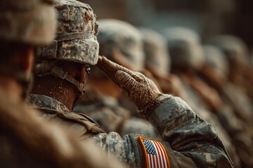 Soldiers perform a salute during a military ceremony at a training site in the late afternoon