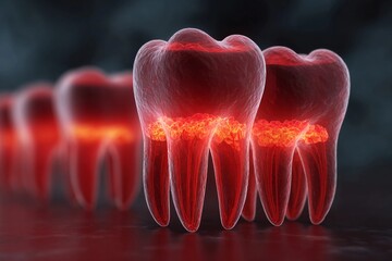 3D render of teeth with glowing effects showing dental model and tooth structure in dark background