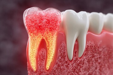 Closer look at a glowing tooth structure with gums and surrounding tissue in a dental setting