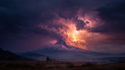 Dramatic mountain landscape with stormy sky and vivid lightning display