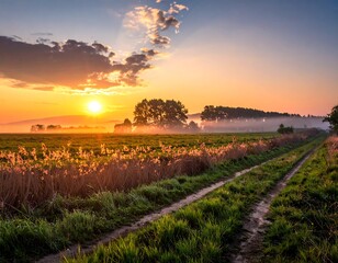 Serene Sunset over Countryside Landscape.