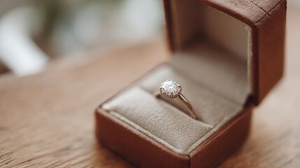 Engagement ring in a brown leather jewelry box. the box is open and the ring is resting on a beige velvet lining. the ring has a round brilliant cut diamond in the center, which is set in a gold band.