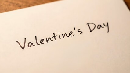 Handwritten "Valentine's Day" in elegant cursive script on clean white paper, set against a warm wooden background for romantic or greeting card design