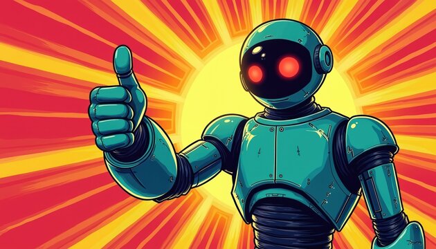 Retro robot astronaut gives thumbs up gesture. Teal colored android in pop art style pose against bright yellow and red sunburst background. Shows concept of space exploration and sci-fi.