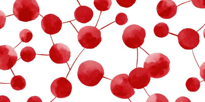 Watercolor red molecules pattern connected by thin lines on white background