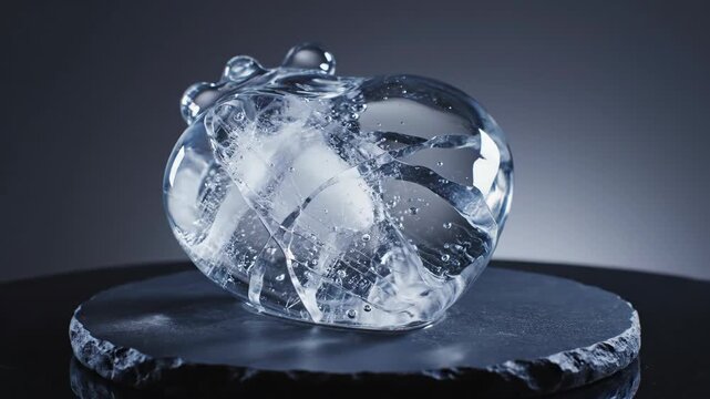 Clear glass heart on a dark stone with internal icelike fractures and surface bubbles against a muted grey backdrop