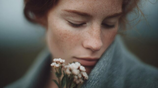 Close-up portrait of a young woman with freckles on her face. she is holding a small white flower in her hand and is looking down with her eyes closed.