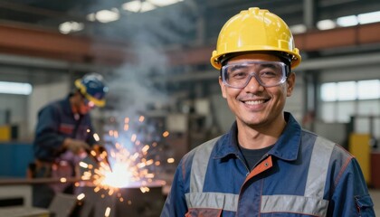 Smiling worker operating machinery in factory showcasing advanced technology and industrial environment