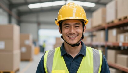 Fototapeta premium Smiling worker in factory with machinery embracing technology in an industrial environment