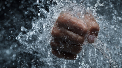 Human Fist Breaking Through Water Splash, Power Strength and Energy Concept, Motion Freeze Action with Water Explosion