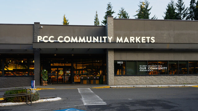 Edmonds, WA, USA - November 30, 2025; PCC Community Markets grocery store co-op business with signage
