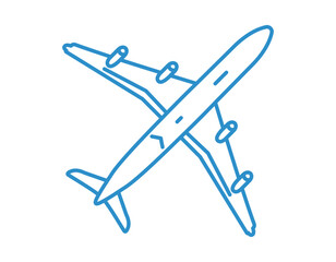 Airplane seen from below and airplane flying line art icon, plane, aircraft, air transport in flight, airliner outside, bottom view, aeroplane travels contoured outlined flat vector illustration.
