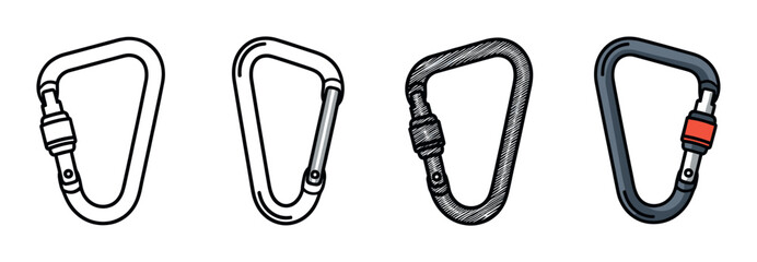Set of four climbing carabiner illustrations in different artistic styles, including simple outline, detailed sketch, and a full color version for safety equipment concepts