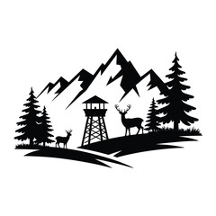 Obraz premium Mountain landscape with a fire lookout tower and grazing deer