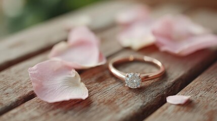 Close-up of a rose gold ring with a round diamond in the center. the ring is resting on a wooden surface with rose petals scattered around it.