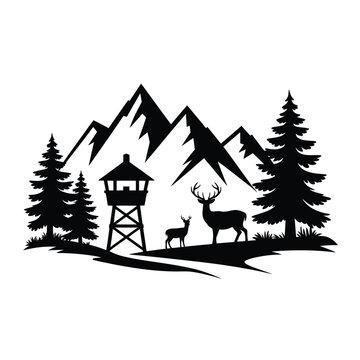 Silhouette of mountains deer forest and a fire lookout tower